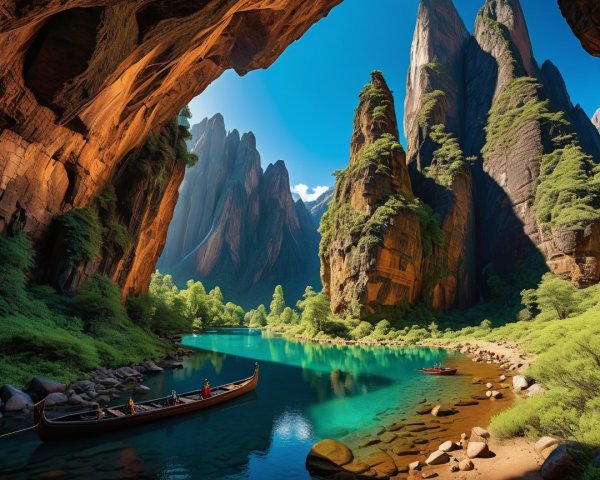 Serene Landscape with Rock Formations and River