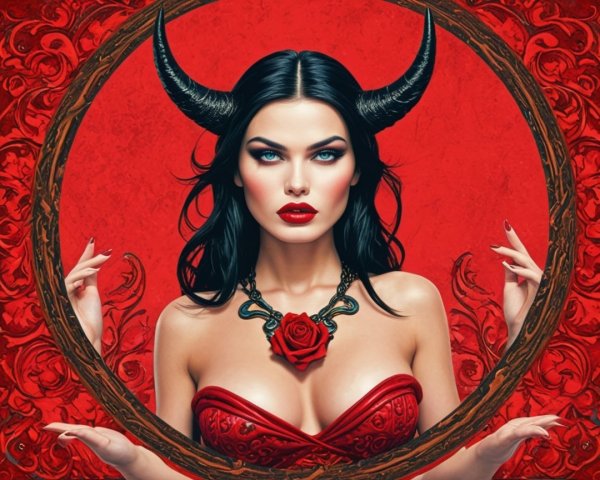 Mystical Woman with Horns in Dramatic Red Setting