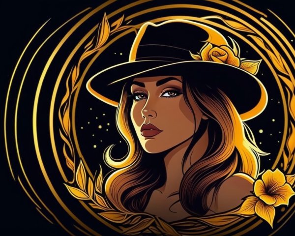Elegant Woman in Hat with Floral Accents and Patterns