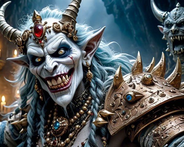 Fearsome Creature with Pale Skin and Blue Hair