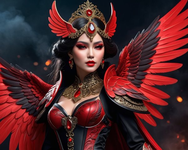 Elaborate Costume with Vibrant Red and Black Tones