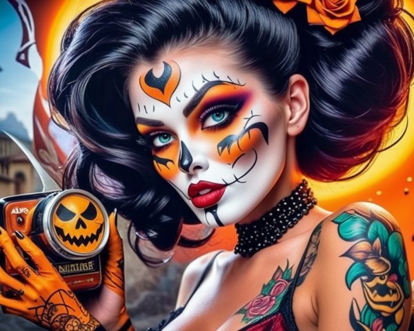 Day of the Dead Makeup with Halloween Camera Decor