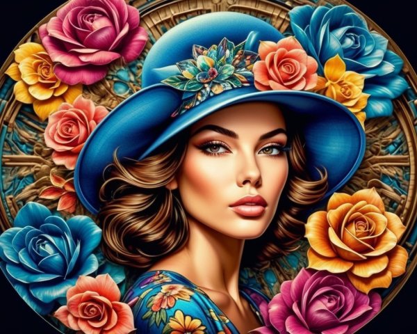 Woman in Blue Hat Surrounded by Colorful Flowers