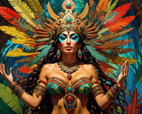 Vibrant Figure in Tropical Foliage with Jewelry