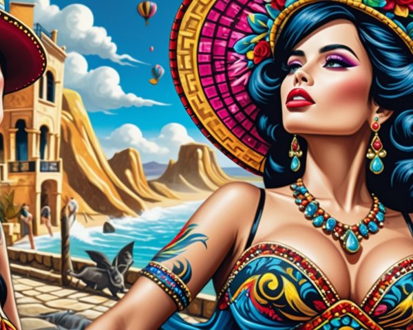 Stylized Women in Vibrant Traditional Attire at Coast