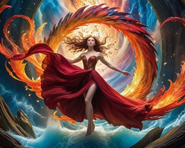 Woman in Red Dress Surrounded by Vibrant Flames