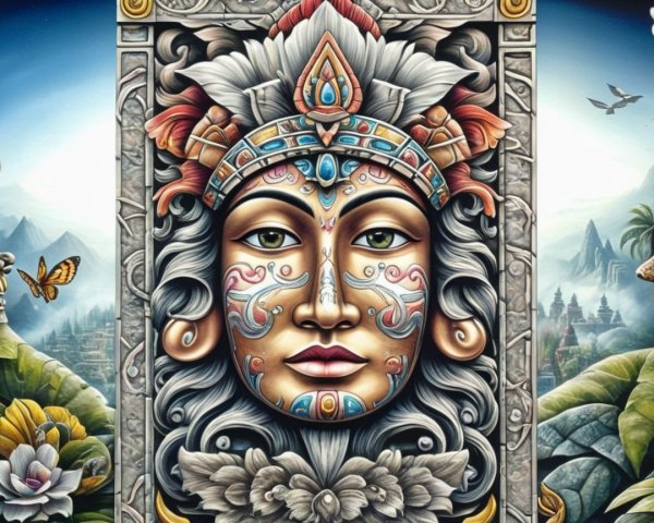 Vibrant Artwork with Serene Face and Nature Elements