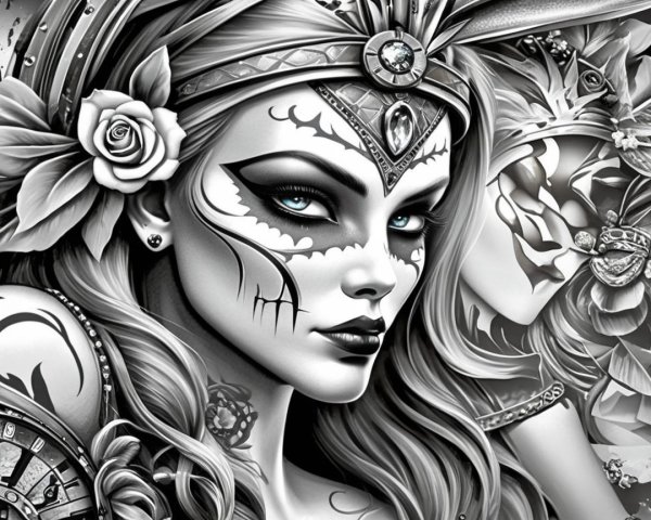 Monochromatic Portrait of a Woman with Intricate Makeup