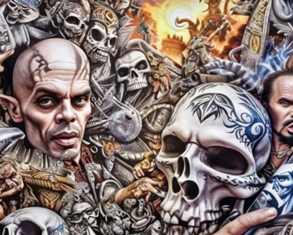 Intricate Artwork with Skulls, Warriors, and Creatures