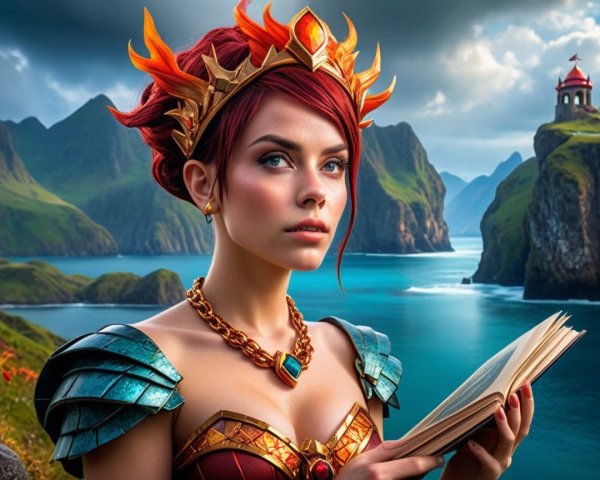 Regal figure in armor at cliff with scenic backdrop