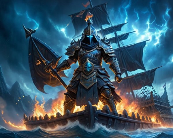 Armored Warrior on Ship Amid Stormy Skies and Flames