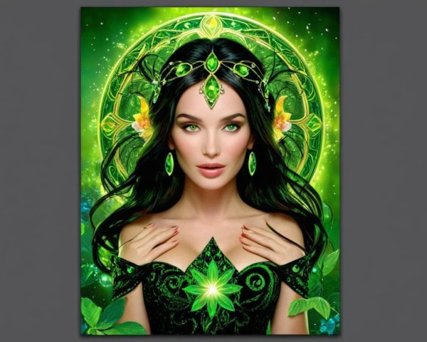 Serene Woman in Green Attire with Floral Elements