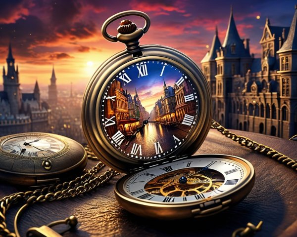Intricate Pocket Watch with Historic Landscape Design