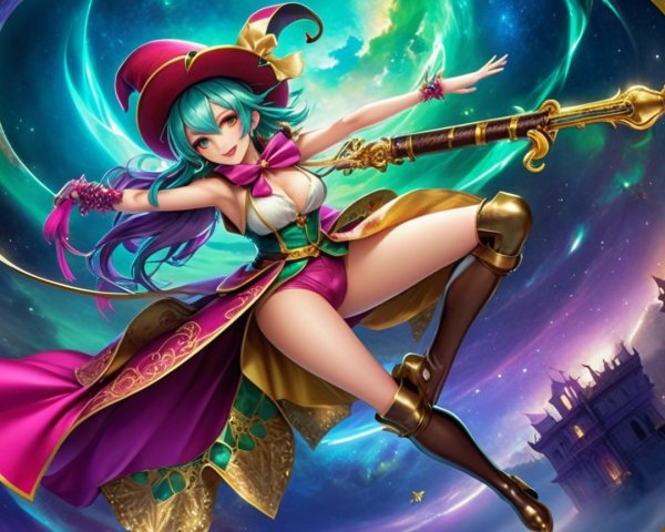 Colorful Magician Character with Turquoise Hair and Cape
