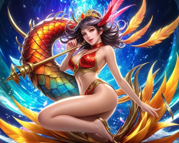 Fantasy Character in Vibrant Armor with Cosmic Background