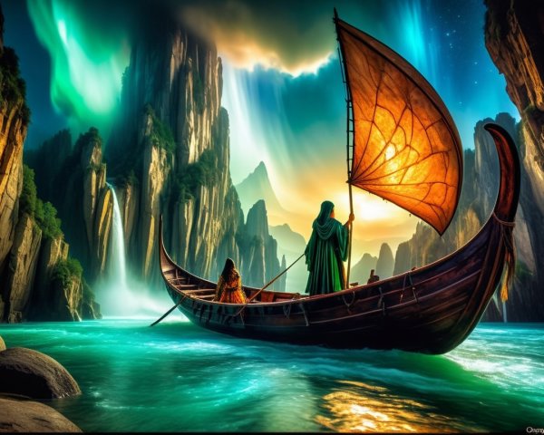 Majestic figure in green cloak on serene river boat