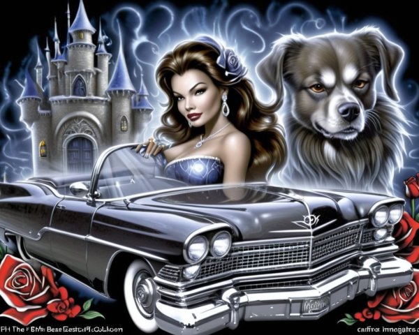 Vintage Car with Woman, Dog, and Castle Background