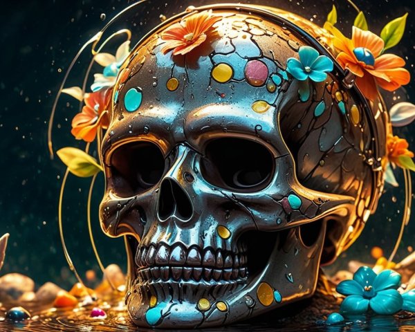 Metallic Skull with Flowers in Serene Setting