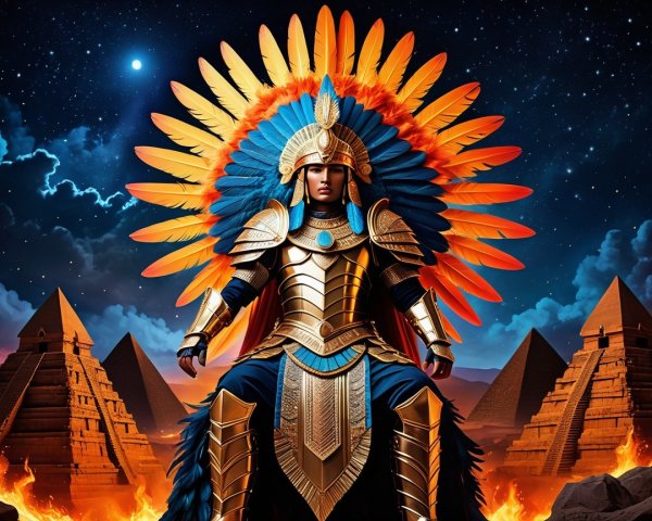 Majestic figure in golden armor with feathered headdress