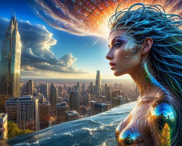 Futuristic cityscape at sunset with ethereal elements