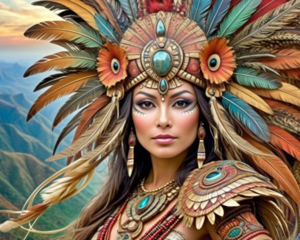 Vibrant Woman in Feathered Headdress and Tribal Jewelry