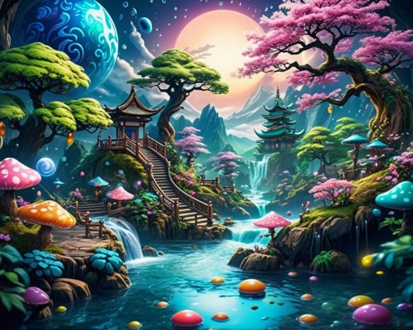 Vibrant Landscape with Japanese Pagodas and River