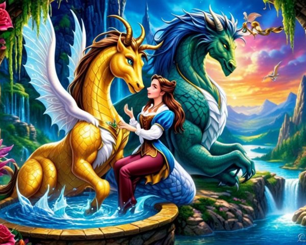 Fantasy Landscape with Dragons and a Young Woman