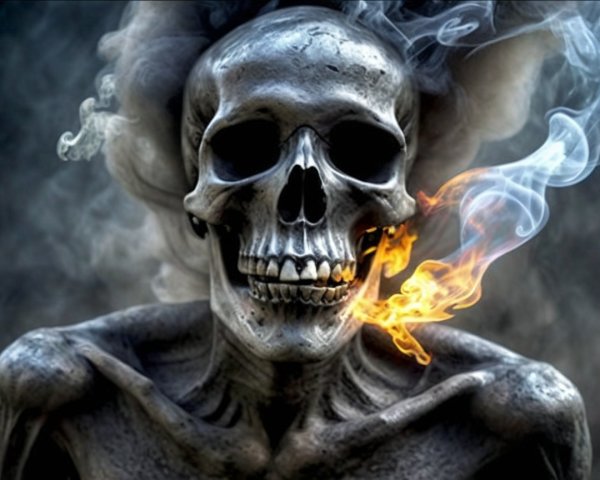 Skeletal Figure Surrounded by Smoke and Flames