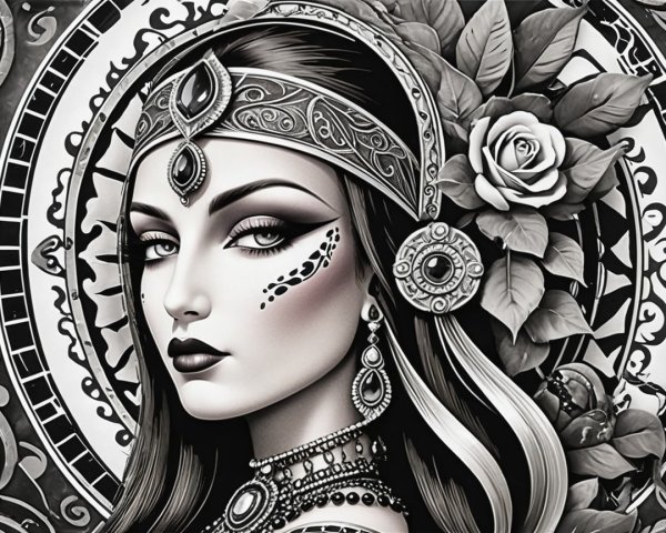 Black and white portrait of a woman with jewelry and headpiece