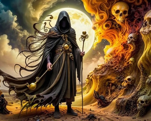 Cloaked Figure in Flames with Mystical Staff and Skulls