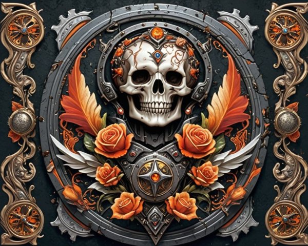 Gothic and Steampunk Skull Design with Roses and Gears