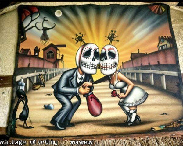 Whimsical Scene with Skeleton-Masked Characters Embracing