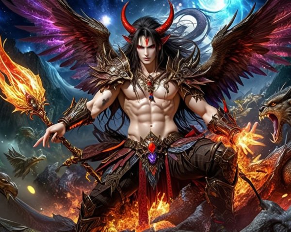 Dark Warrior in Fiery Landscape with Dragons and Sword