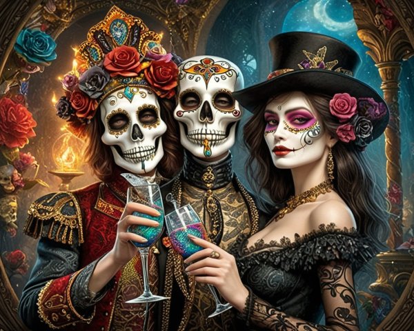 Elegantly Dressed Figures Celebrating Day of the Dead