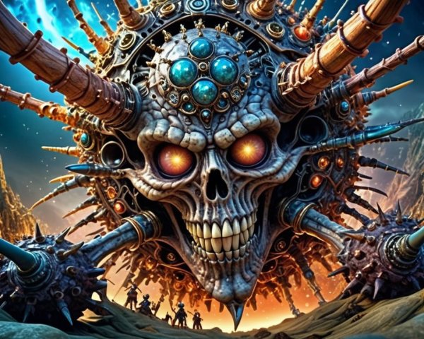 Colossal Skull with Metallic Decorations in Surreal Landscape
