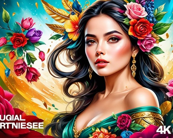 Vibrant Woman Surrounded by Colorful Flowers