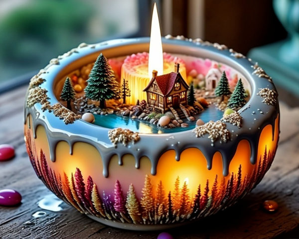 Candle with Miniature Landscape and Decorative Design