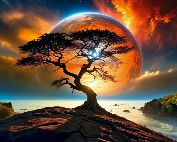 Solitary Tree on Rocky Outcrop with Cosmic Backdrop