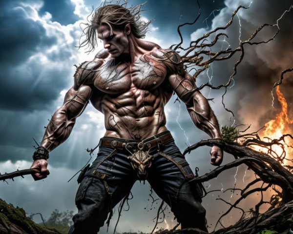Muscular Figure Against Dramatic Lightning Background