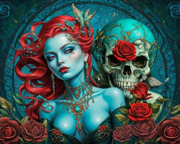Vibrant Woman with Red Hair and Turquoise Skull Art