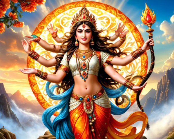 Divine figure with multiple arms in vibrant attire