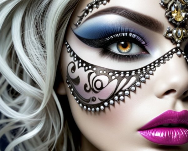 Close-up of a woman's face with dramatic makeup elements