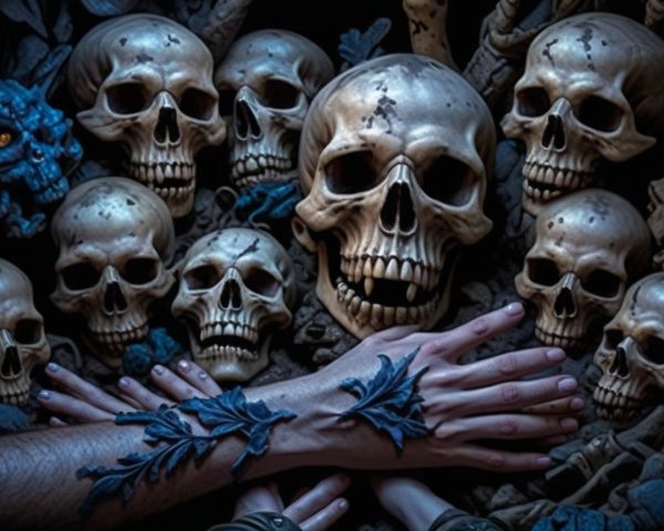 Collection of Skulls with Twisted Branches and Tattoos