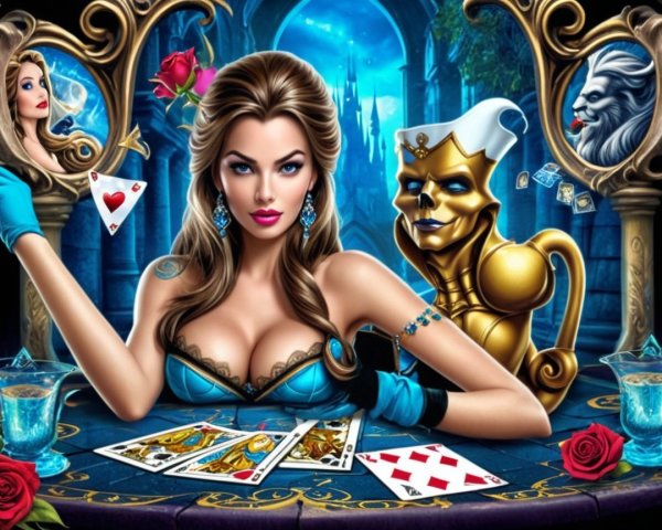 Elegant Woman at Lavish Poker Table with Castle Background