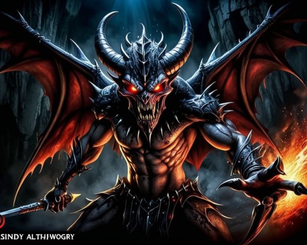Demon with Armor and Wings in Fiery Landscape