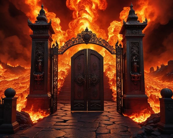 Ornate Gate in Fiery Landscape with Molten Lava