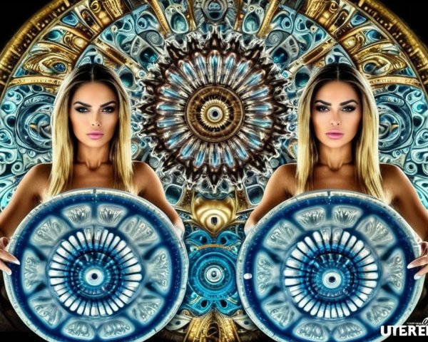 Symmetrical Design with Women and Colorful Patterns