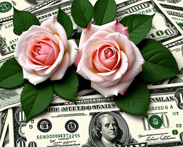 Pink Roses on Hundred-Dollar Bills with Green Leaves