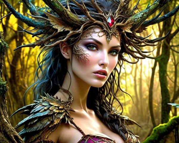Mystical figure in nature-inspired armor in forest