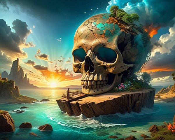 Colossal Skull on Rocky Island with Vibrant Landscape